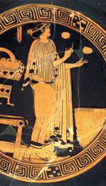 Peinture sur vase de la Grèce Antique d'une femme qui jongle
